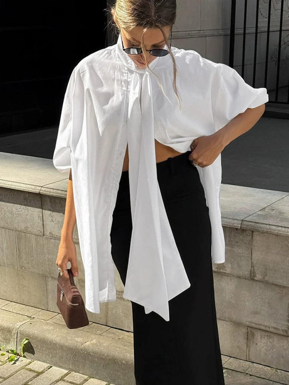 Forever 21 White Loose Fit Tie Neck Blouse Mid Length Long Sleeve Fall